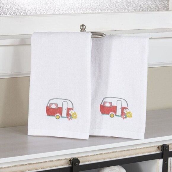 Vintage Floral Camper Embroidered Hand Towels Spring Summer Set of 2 Cotton NEW - Picture 4 of 4